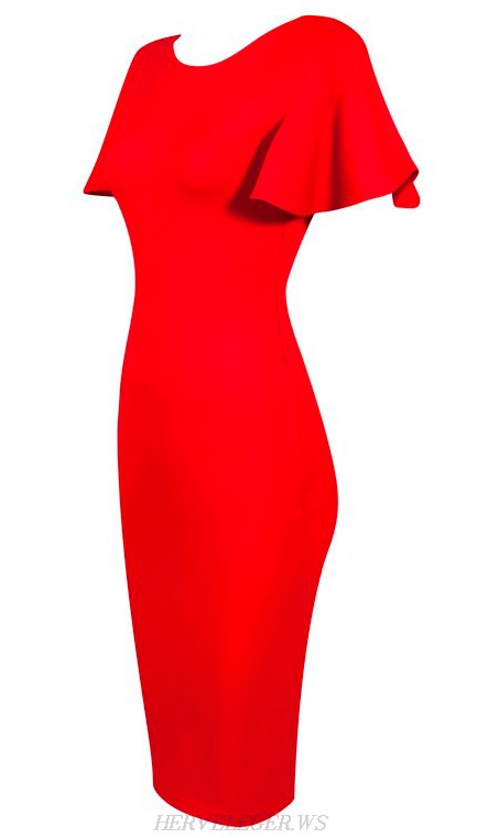 Herve Leger Red Butterfly Sleeve Bandage Dress