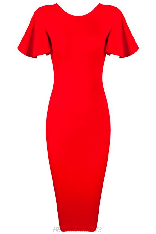 Herve Leger Red Butterfly Sleeve Bandage Dress