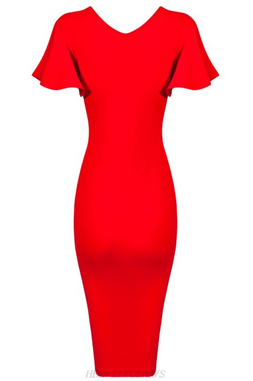 Herve Leger Red Butterfly Sleeve Bandage Dress