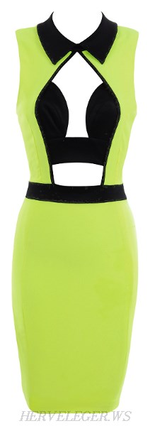 Herve Leger Green Collar Cutout Bandage Dress