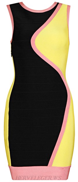 Herve Leger Pink Black Yellow Colour Block Bandage Dress