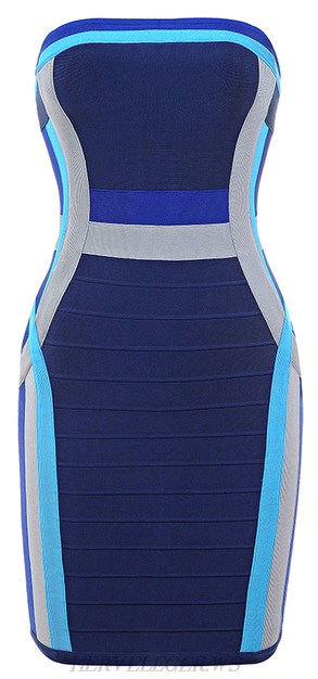 Herve Leger Blue Colour Block Bandeau Bandage Dress