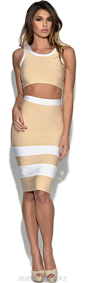 Herve Leger Nude Contrast Panel Bandage Top Skirt Two Piece Dress