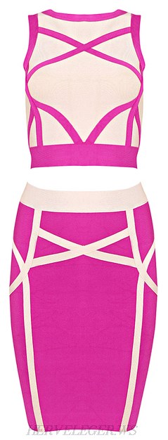 Herve Leger Pink Contrast Panel Bandage Two Piece Dress