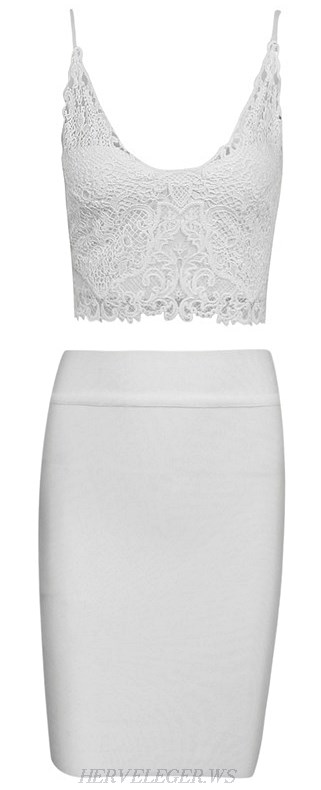 Herve Leger White Crochet Bandage Top Skirt Two Piece Dress