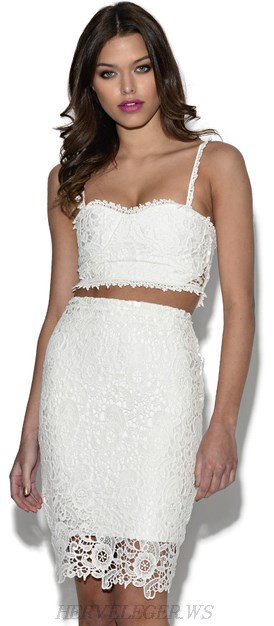 Herve Leger White Crochet Bustier Two Piece Bandage Dress