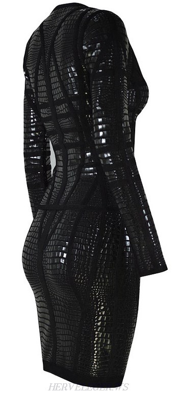 Herve Leger Black Crocodile Print Jacket Skirt Two Piece Dress