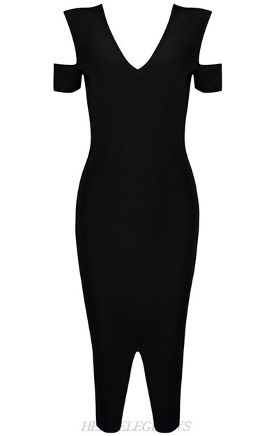 Herve Leger Black Cut Out Front Slit Dress