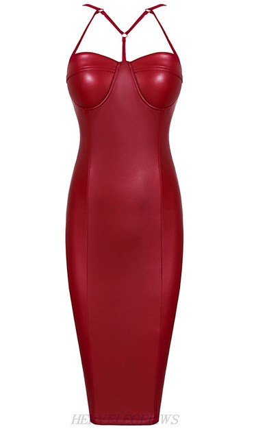Herve Leger Red Cut Out Strap Faux Leather Dress