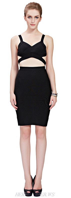 Herve Leger Black Cut Out Wrap Two Piece Bandage Dress