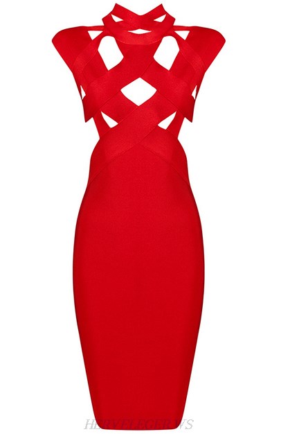 Herve Leger Red Cutout Midi Bandage Dress