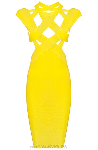 Herve Leger Yellow Cutout Bandage Dress