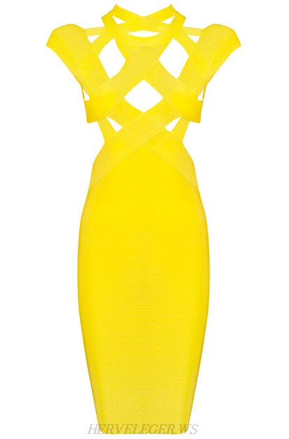 Herve Leger Yellow Cutout Bandage Dress