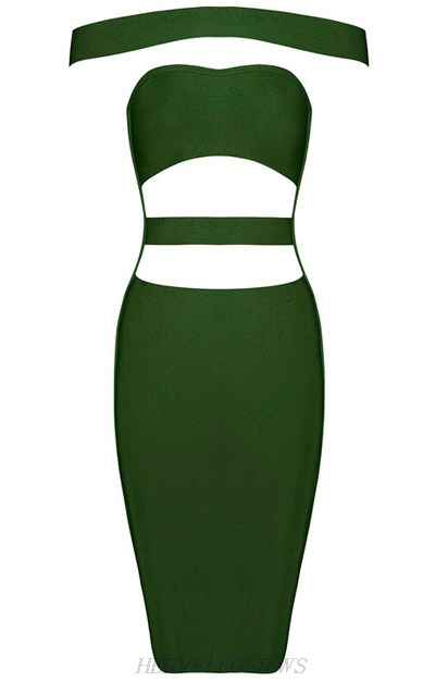 Herve Leger Green Cutout Panel Bardot Dress