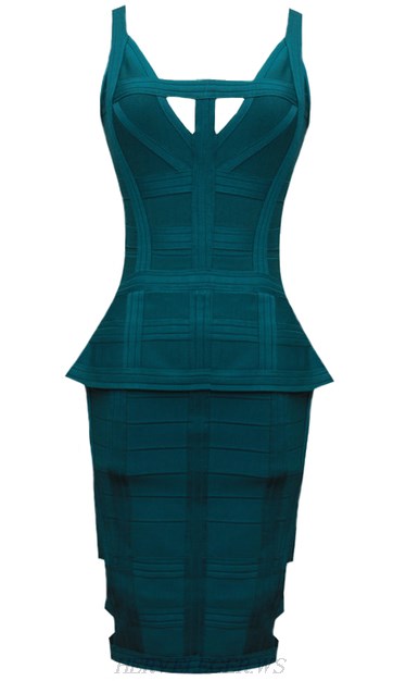 Herve Leger Green Cutout Peplum Bandage Dress