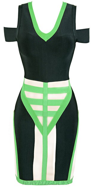 Herve Leger Green Cutout Shoulder Colour Block Bandage Dress