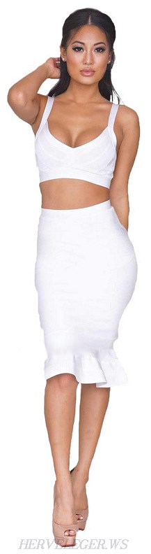 Herve Leger White Cutout Top Fluted Skirt Two Piece Bandage Dress