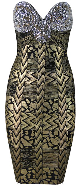 Herve Leger Black And Gold Embellished Bandeau Woodgrain Foil Print Dress