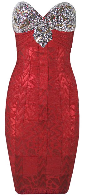 Herve Leger Red Embellished Bandeau Woodgrain Foil Print Dress