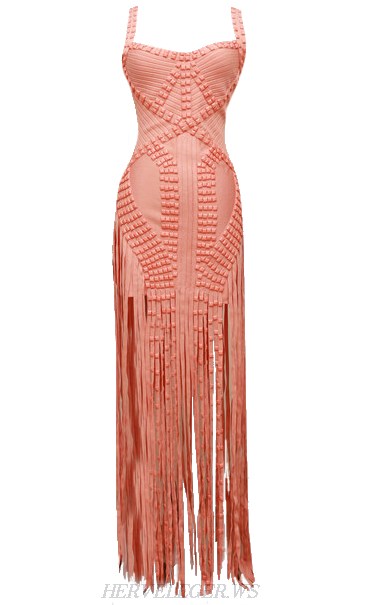 Herve Leger Coral Embellished Fringe Gown