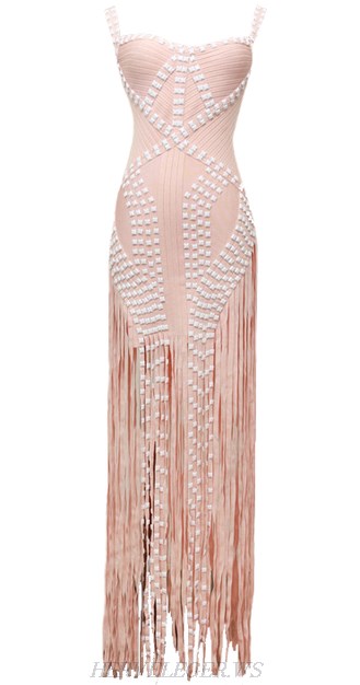 Herve Leger Pink And White Embellished Fringe Gown
