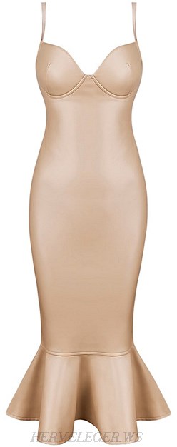 Herve Leger Nude Faux Leather Fluted Dress