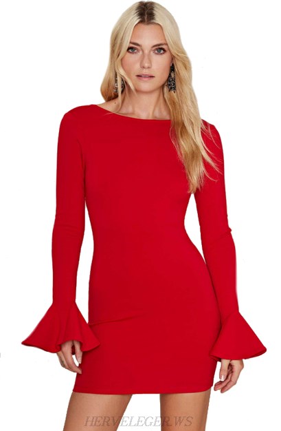 Herve Leger Red Fluted Sleeve Bandage Dress