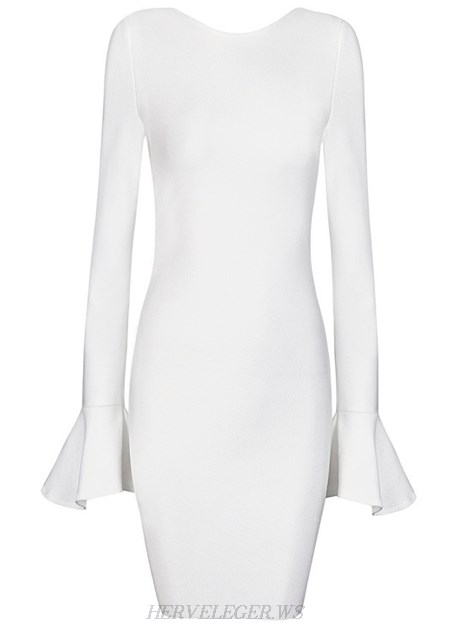 Herve Leger White Fluted Sleeve Bandage Dress