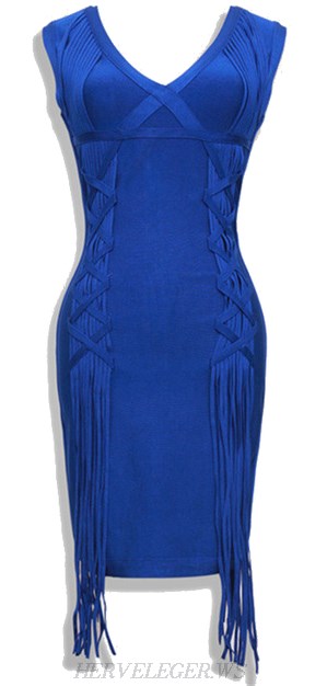 Herve Leger Blue Fringe V Neck Bandage Dress