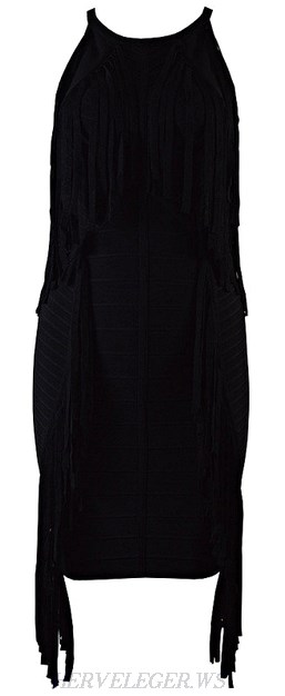 Herve Leger Black Fringed Asymmetrical Dress
