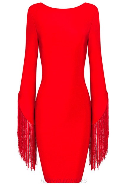 Herve Leger Red Fringed Sleeves Backless Bandage Dress