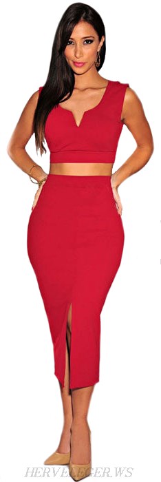 Herve Leger Red Front Split Two Piece Bandage Dress