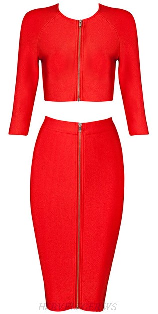 Herve Leger Red Front Zip Two Piece Dress
