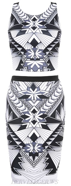 Herve Leger Monochrome Geometric Print Two Piece Bandage Dress