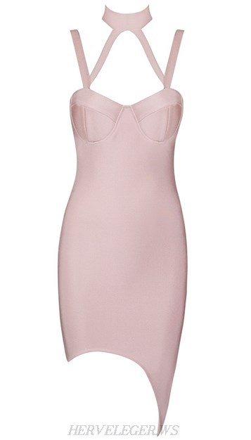 Herve Leger Nude Halter Asymmetrical Bandage Dress