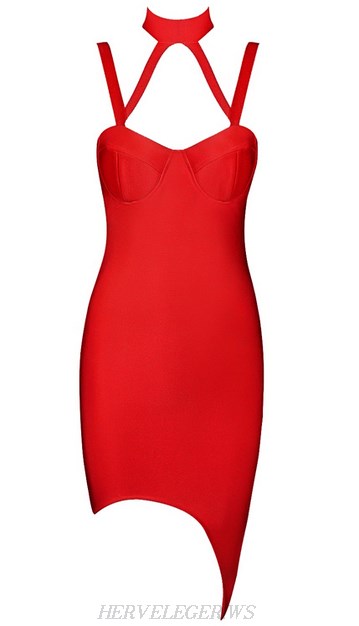 Herve Leger Red Halter Asymmetrical Bandage Dress