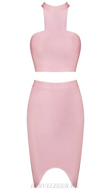 Herve Leger Pink Halter Asymmetrical Two Piece Dress