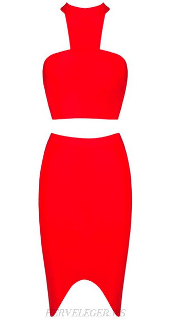 Herve Leger Red Halter Asymmetrical Two Piece Dress