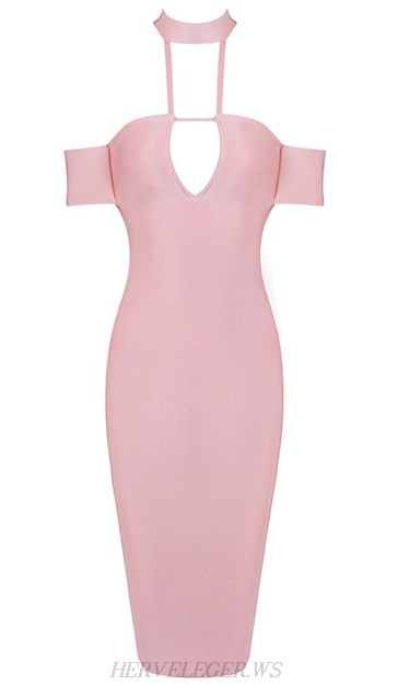Herve Leger Pink Halter Bardot Cut Out Bandage Dress