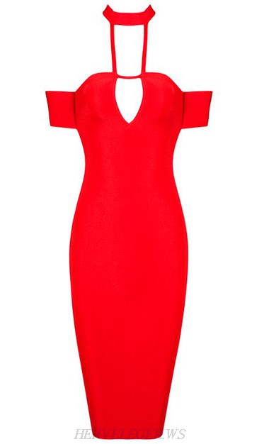 Herve Leger Red Halter Bardot Cut Out Bandage Dress