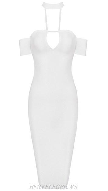 Herve Leger White Halter Bardot Cut Out Bandage Dress