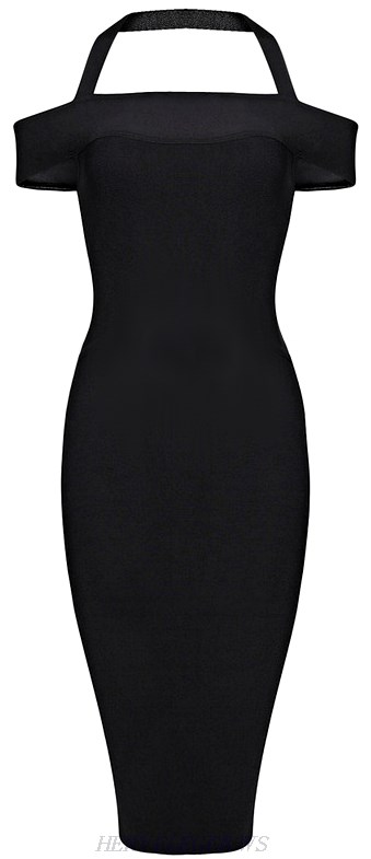 Herve Leger Black Halter Bardot Bandage Dress