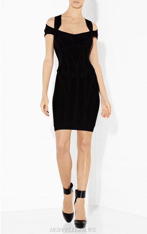 Herve Leger Black Halter Bardot Textured Dress