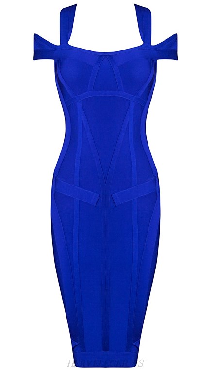 Herve Leger Blue Halter Bardot Textured Dress