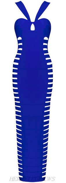 Herve Leger Blue Halter Cut Out Bandage Gown