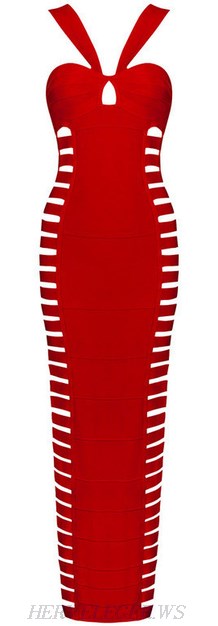 Herve Leger Red Halter Cut Out Bandage Gown