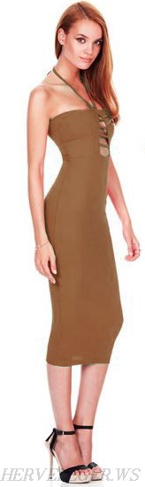 Herve Leger Brown Halter Cutout Bandage Dress