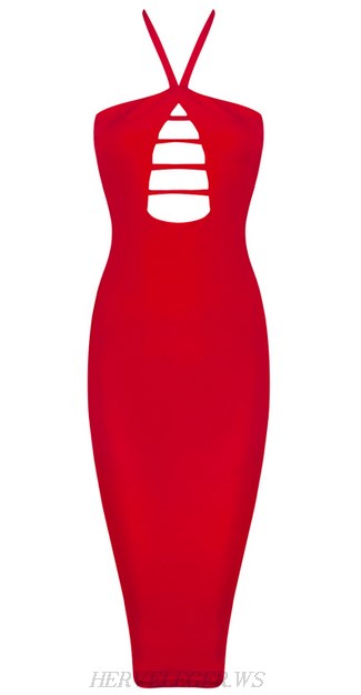 Herve Leger Red Halter Cutout Bandage Dress