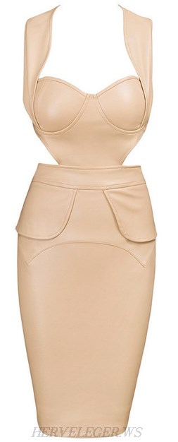 Herve Leger Nude Halter Faux Leather Cut Out Dress