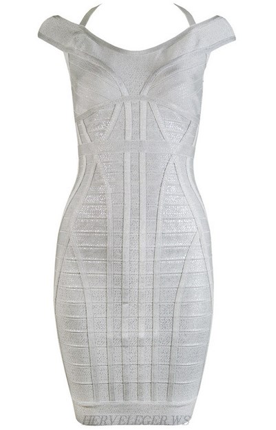 Herve Leger White Halter Foil Print Dress